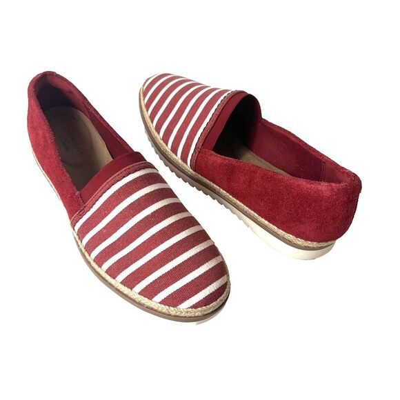 Clarks Collection Womens Sz 7 W Red Stripe Canvas/Suede Espadrille Slip On Flats - Picture 1 of 11